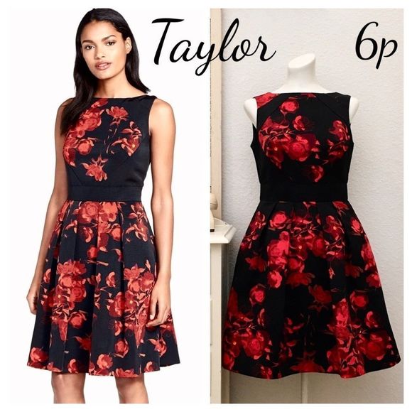 TAYLOR Petite Fit & Flare Black & Red Floral Dress, Semi Formal, 6 petite - Picture 1 of 11